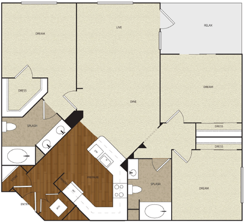 Floor plan for 3 beds, 2 baths, 1250 sqft